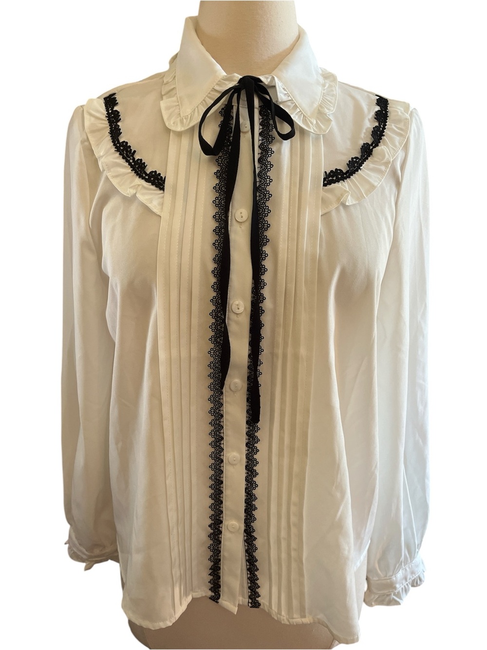 Alice Blue White Button-Down Neck Tie Blouse Ruffle detail & Black Ribbon Size M